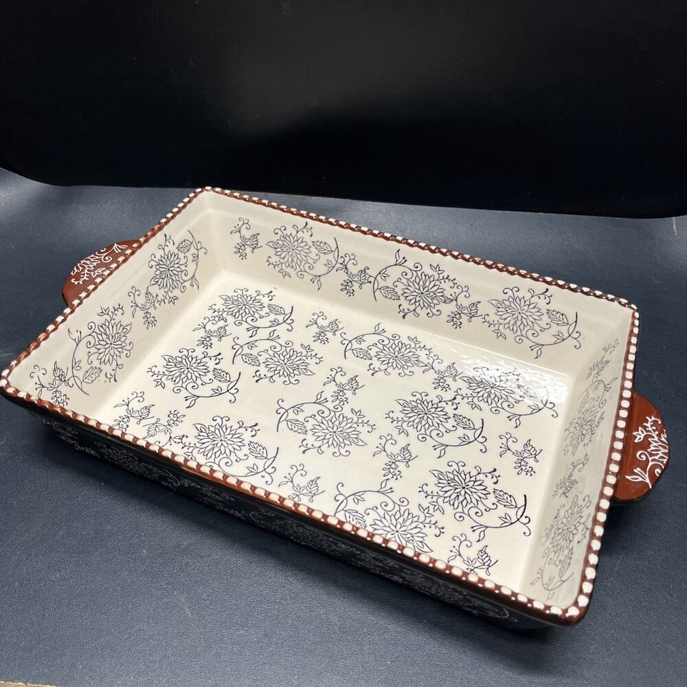 Baum Black & Cream Floral Ceramic 14” Casserole Dish With Handles